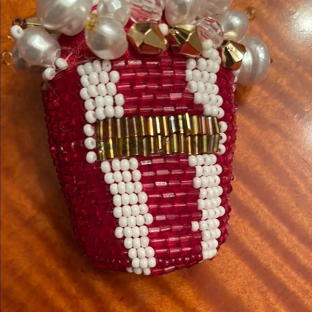Red and White Beaded Keychain bag charm popcorn design